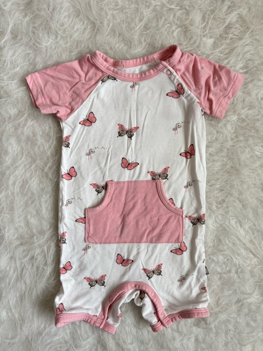 Kyte BABY Bamboo Pink and White Butterfly Snap Summer Romper